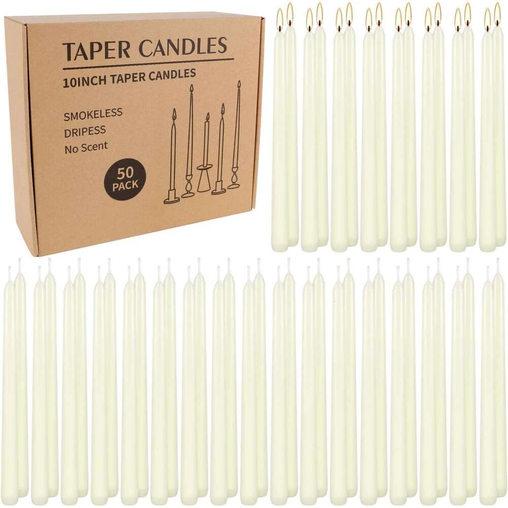 50 Pack Ivory Taper Candles 10 Inch - Classic Soft White Dinner Candles, Dripless Unscented Premium Wax with Cotton Wick, 8-Hour Burn Time for Wedding