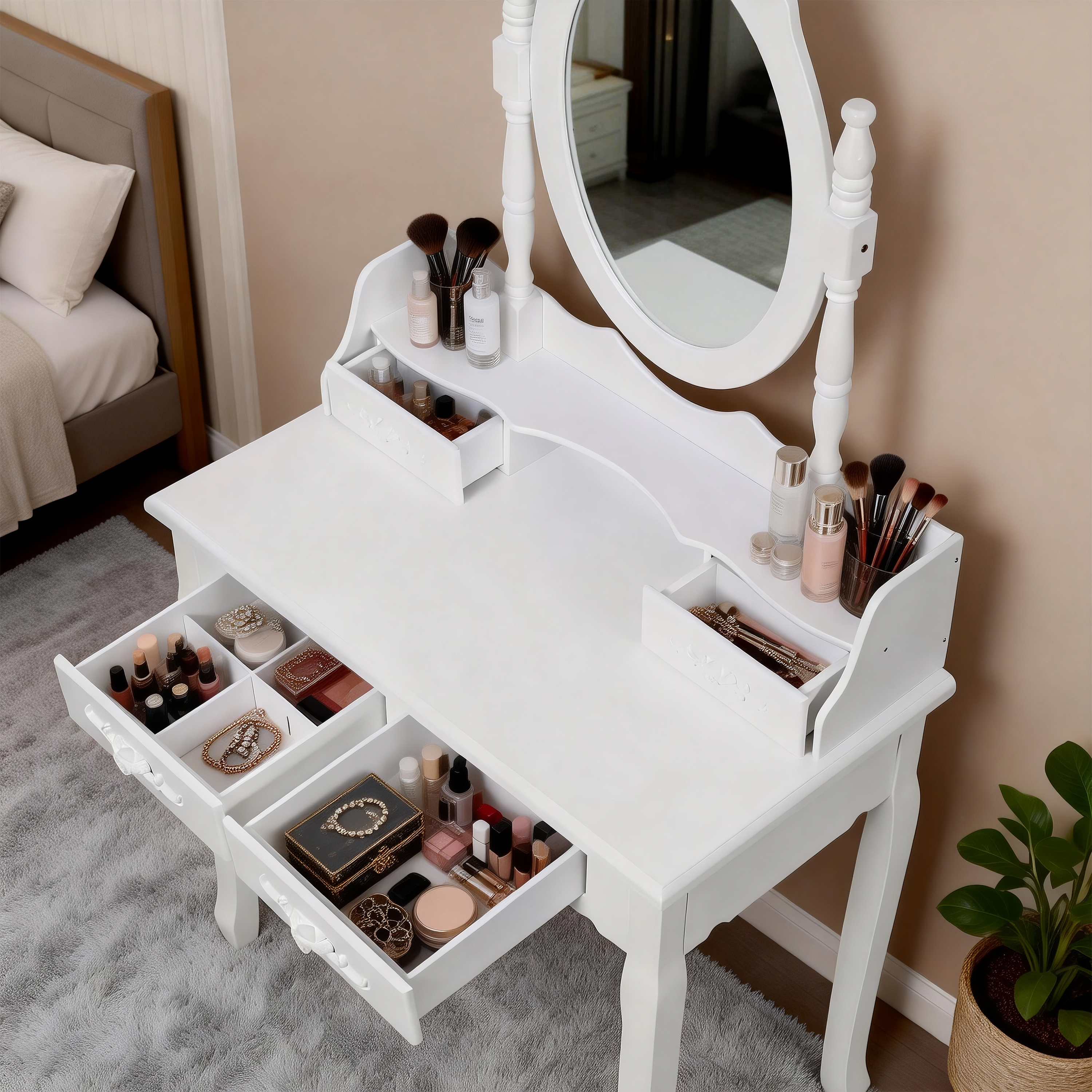 Princess Vanity Desk Set with Mirror & Cushioned Stool 4-Drawer Wooden Makeup Vanity Table for Bedroom Dressing Table with Ample Storage