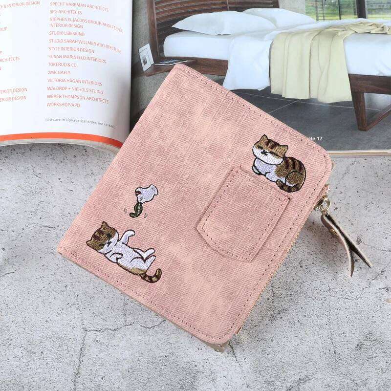Embroidery Cat Women Zipper Coin Purse Short Women's Wallet Kawaii Mini Cards Holder Clutch for Girl Carteras Mujer Z260205