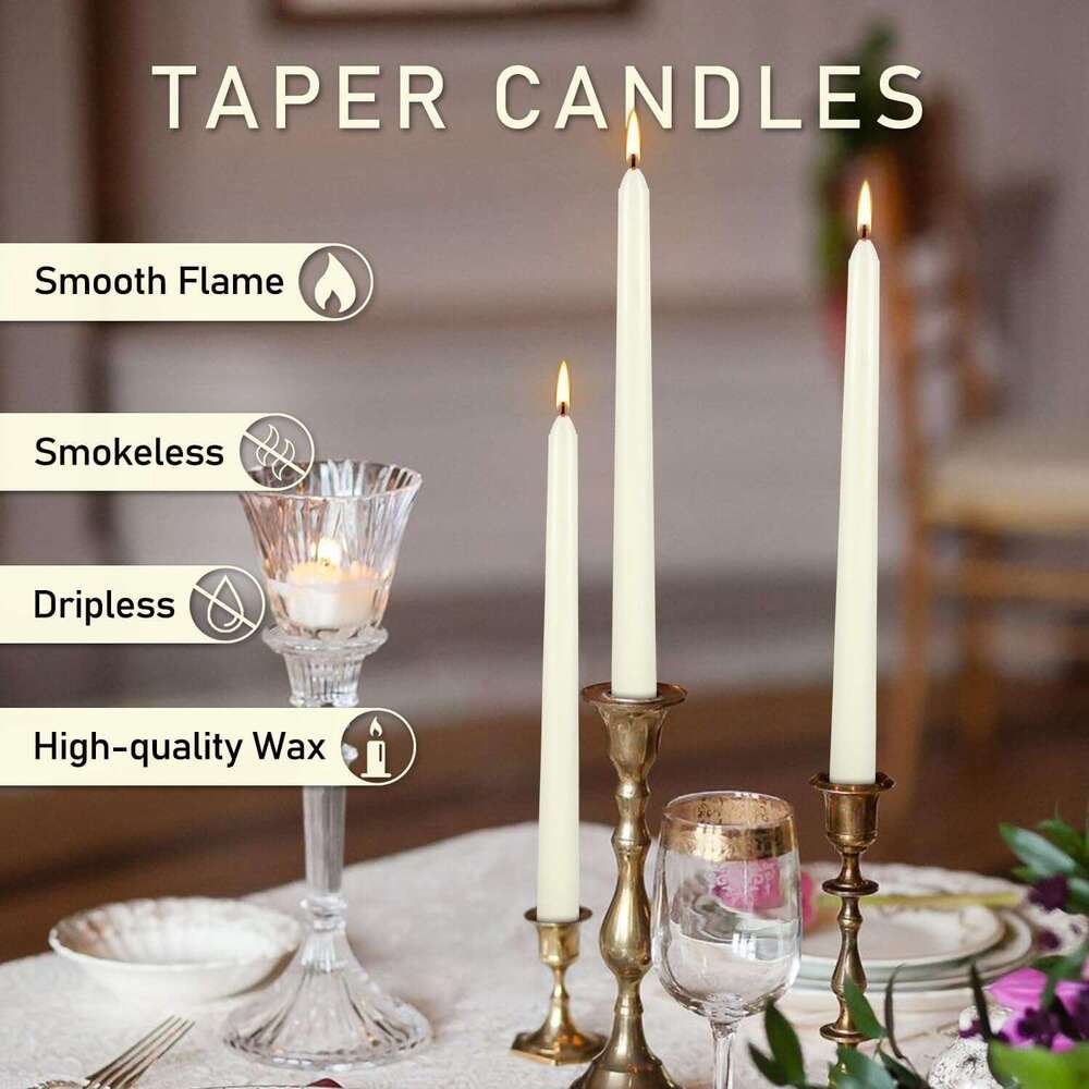 50 Pack Ivory Taper Candles 10 Inch - Classic Soft White Dinner Candles, Dripless Unscented Premium Wax with Cotton Wick, 8-Hour Burn Time for Wedding