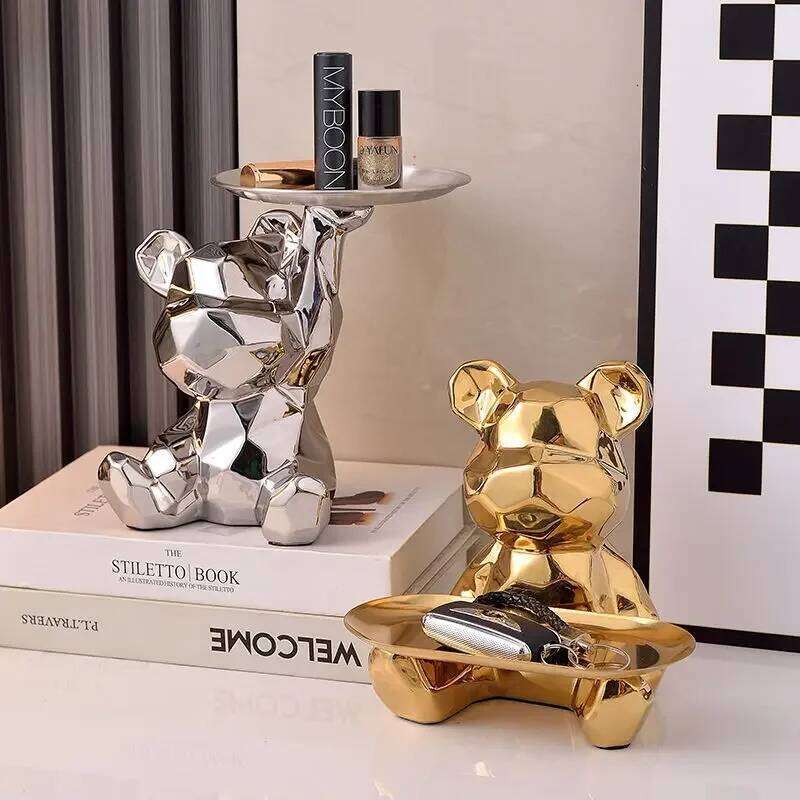 Geometric bear with tray storage, ceramic plating piggy bank, key, cosmetic storage box, bookshelf statue decoration. S260204