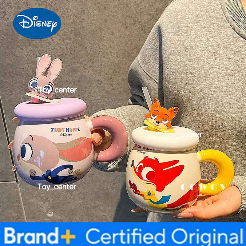 Disney Zootopia Large Capacity Water Cups Couple Cartoon Ceramic Breakfast Milk Mugs with Lid and Straw Creative Office Coffee Cup H260205