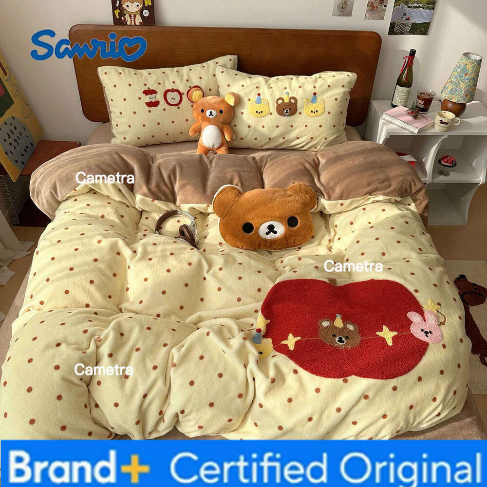 Sanrio Kawaii Bear Embroidered Winter Bedding Thickened Warm Milk Velvet Duvet Set with Sheets Soft Flannel Quilt Cover Kit H260205