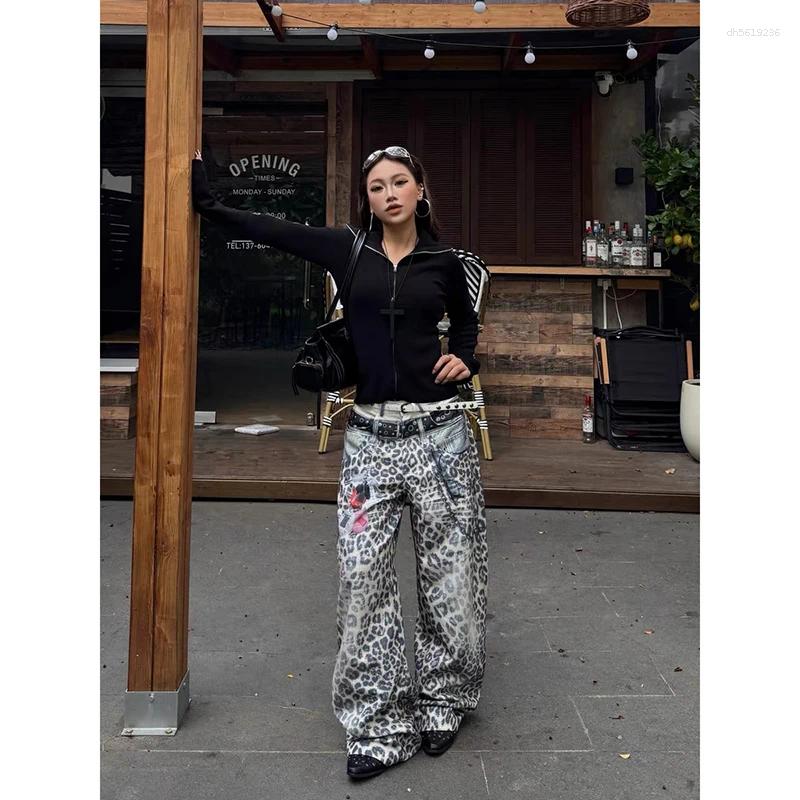 Women's Jeans Baggy Y2k Leopard Japanese 2000s Hip Hop Oversize Graffiti 3D Jean Pants Vintage Harajuku Denim Trousers