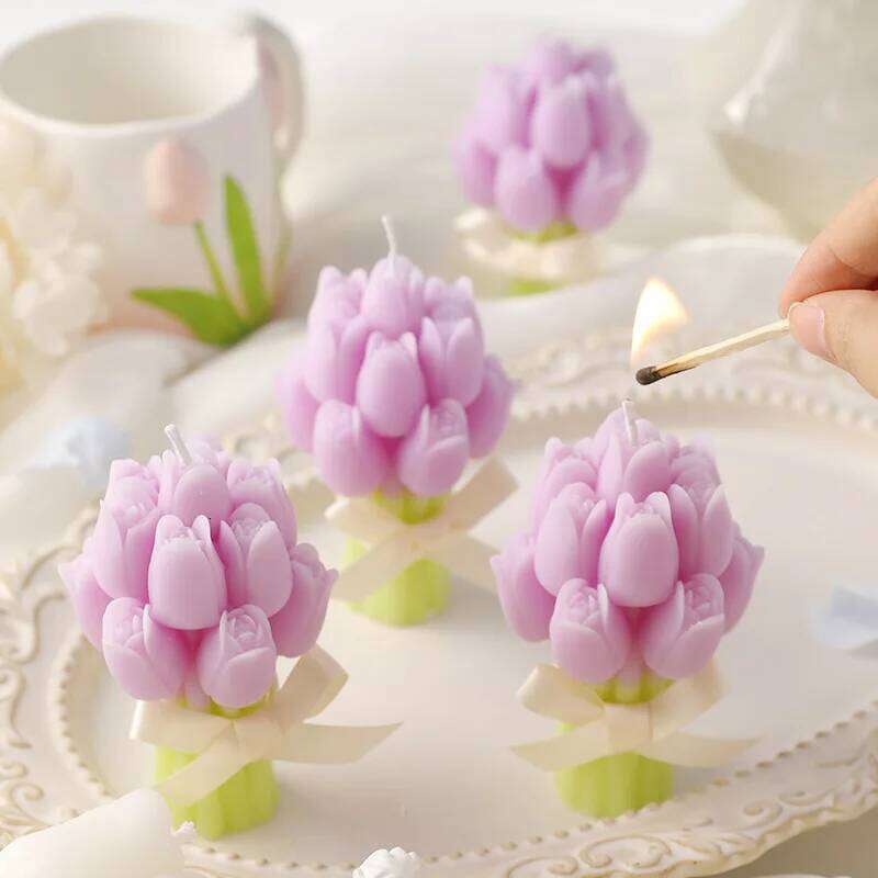 Tulip Bouquet Shaped Festive Atmosphere Gift, Souvenir, Handcrafted Flower Scented Candle, Table Decoration S260204