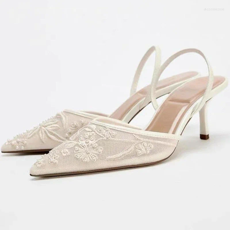 Sandals Mesh Embroidered Flowers Thin Heels Women 2026 Summer Sexy Pointed Toe Pumps Dress Shoes Sandalias De Mujer