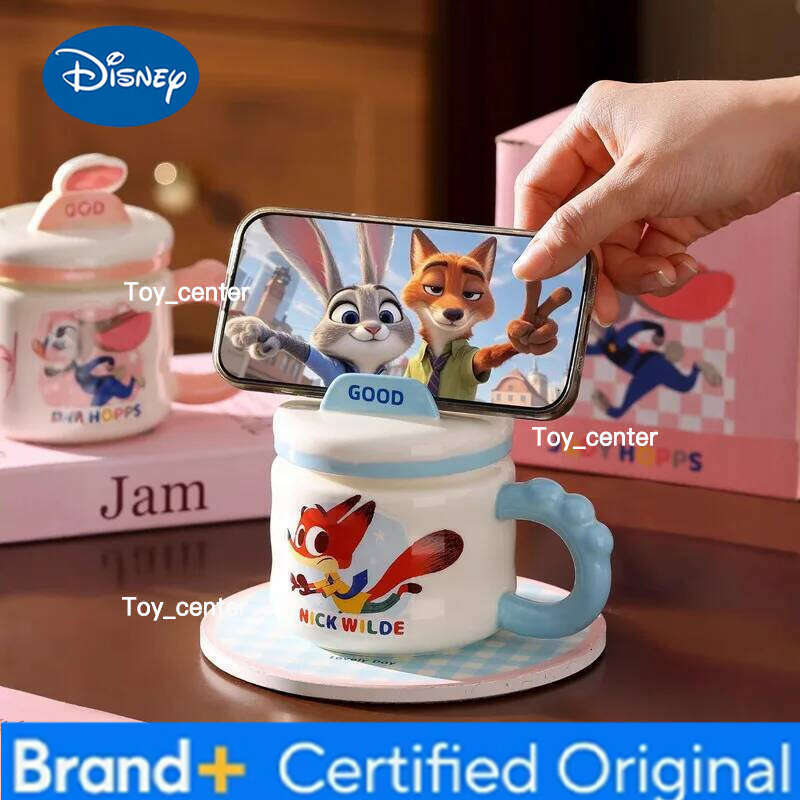 Disney Zootopia Cute Cartoon Ceramic Mug With Lid Judy Hopps Nick Wilde Phone Holder Coffee Tea Cup For Office Home Daily Use H2602051