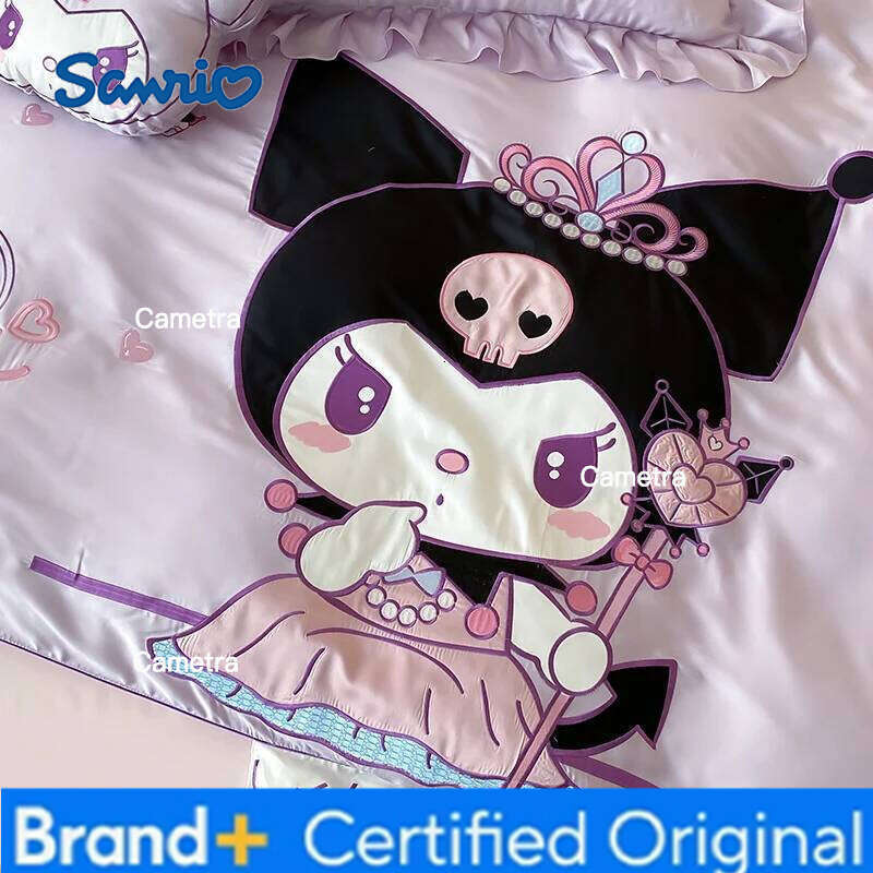Sanrio Tencel Four Cartoon Kuromi Three Piece Set Summer Ice Silk Quilt Cover Bed Sheet Bedding Send a pillow H260205