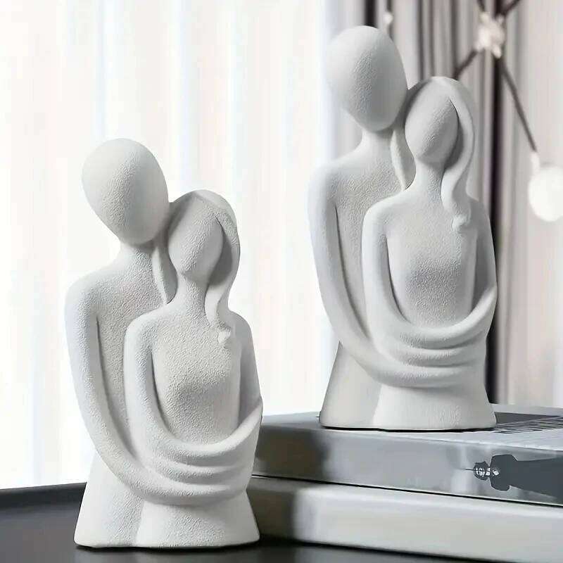 Nordic Minimalist Couple Sculpture Lover Embracing Figure Frosted Ceramic Pure White Gray Statue Wedding Gift S260204