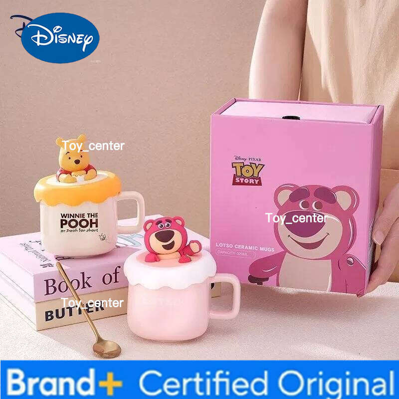 Disney Pooh Bear Lotso Cartoon Anime Couples Mug Cute Ceramic Milk Creative Cup Lid Home Decoration Gift for Girls H260205