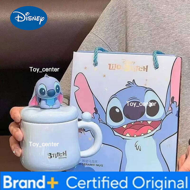 Disney Genuine Official Stitch Ceramic Mug With 3d Figurine Lid Couple Set Practical Birthday Gift Water Cup For Men Women H260205