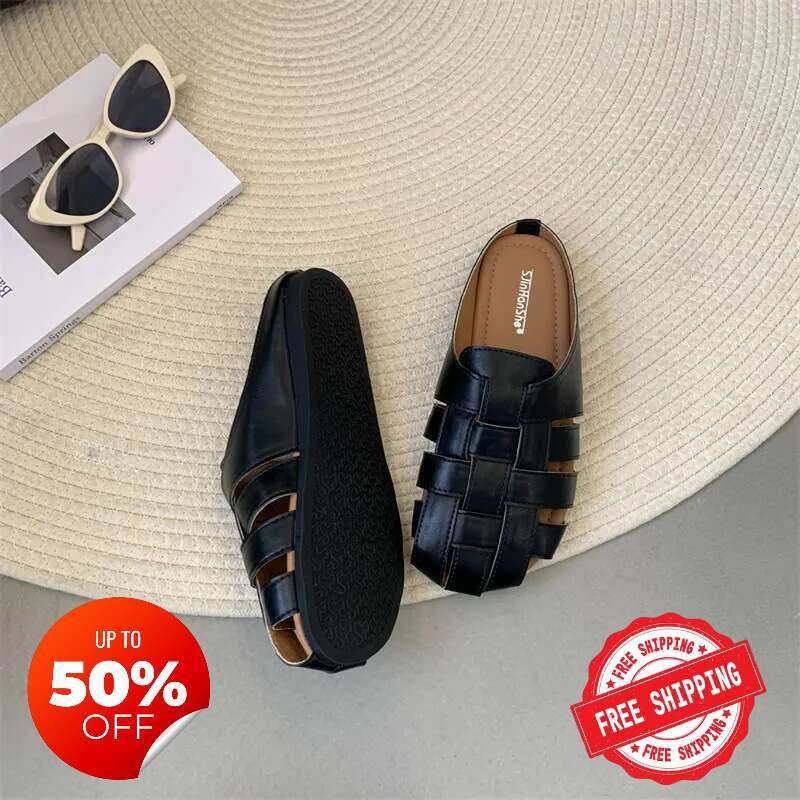 Closed-Toe Half Slippers for Women Summer New Style Woven Hollow Thick-Soled Slip-On Lazy Mules Daily Outfit