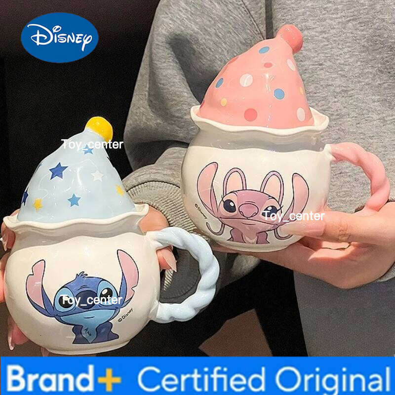 Disney Creative Magic Hat Lid Mug Cute Cartoon Stitch Angel Couple Water Home Drinking Ceramic Coffee Cup Christmas Gifts H260205