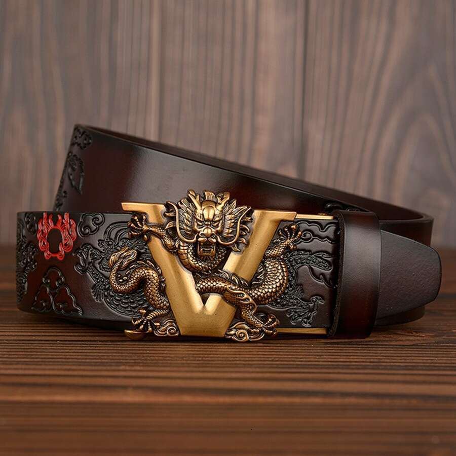 Male Chinese Dragon Belt Cowskin Genuine Leather Belt for Men Carving Dragon Pattern Automatic Buckle Belt Strap