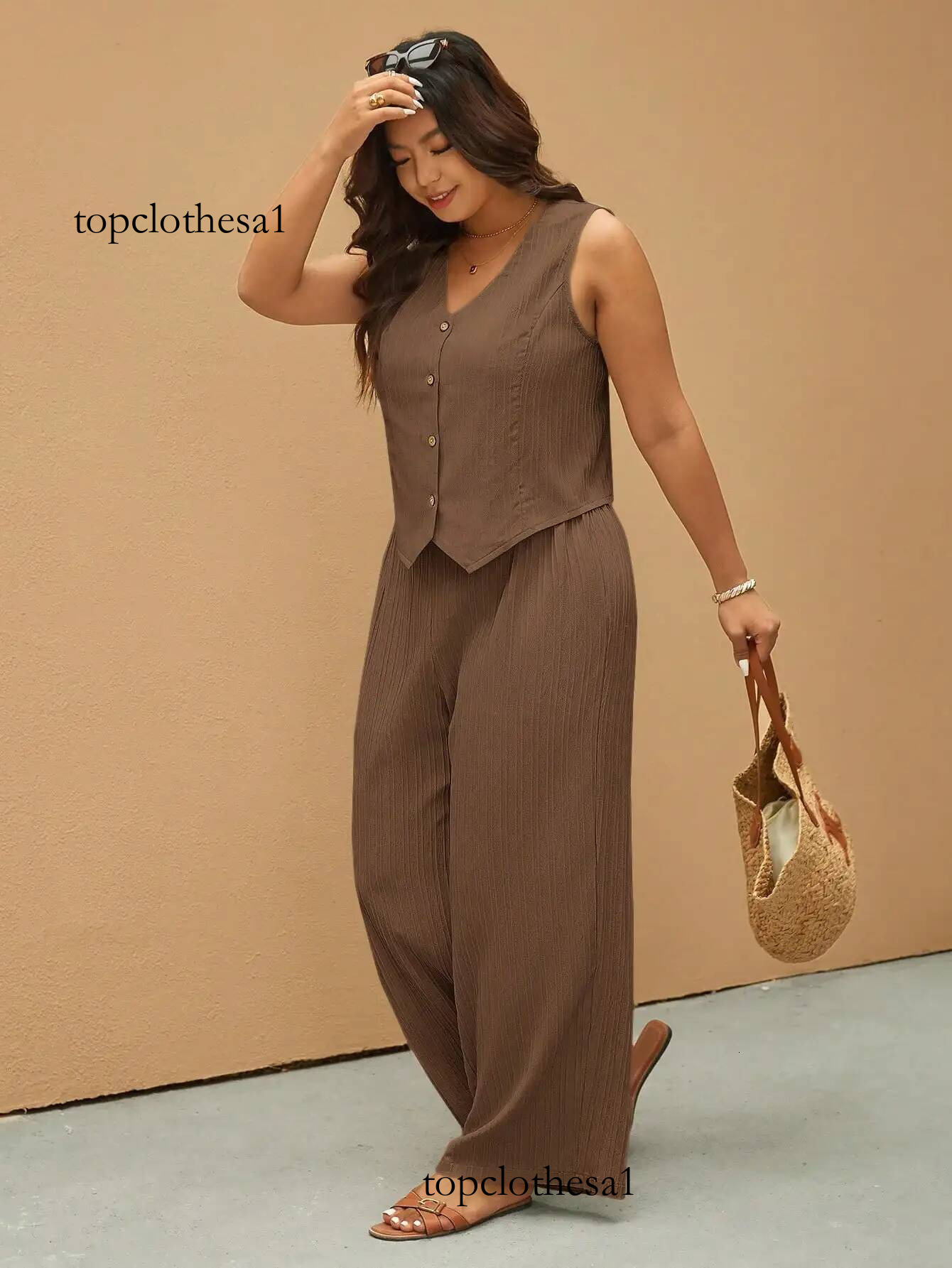 Plus Size Sleeveless Button-Up Vest & Wide Leg Pants 2-Piece Set for Women, Casual Summer Outfit