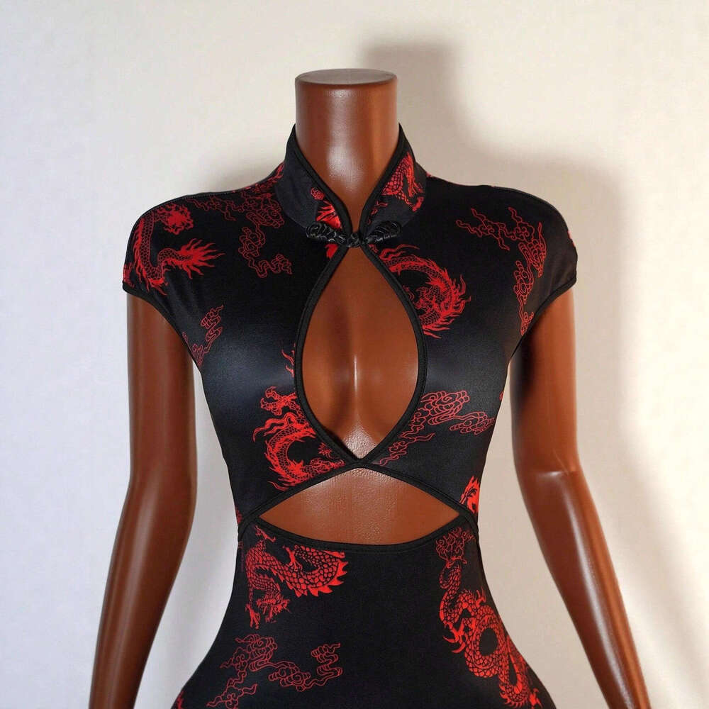 Trendy Street Chinese Style Dragon Print Dresses Women Sexy Hollow Out Package Hip Cheongsam Dress Streetwear Lady Slim Vestidos Short-Sleeve Qipao Dr