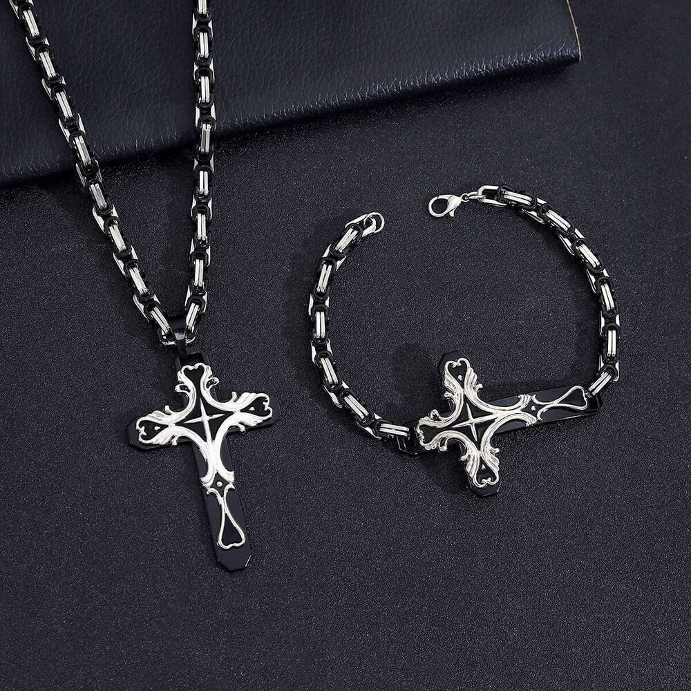 Hot-Selling Retro Cross Pendant Necklace Bracelet Set Women's Fashion Men's Jewelry