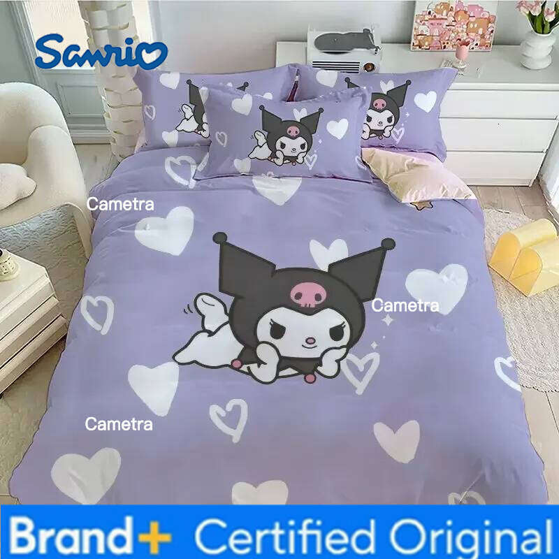 Sanrio 100% Cotton Cute Kuromi Children's Quilt Cover Sheets Pillowcases Bedding 3-piece Cartoon Girl Four-piece Set H260205