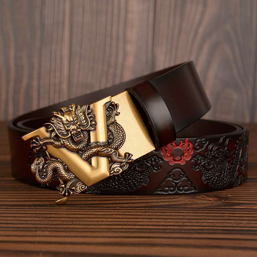 Male Chinese Dragon Belt Cowskin Genuine Leather Belt for Men Carving Dragon Pattern Automatic Buckle Belt Strap