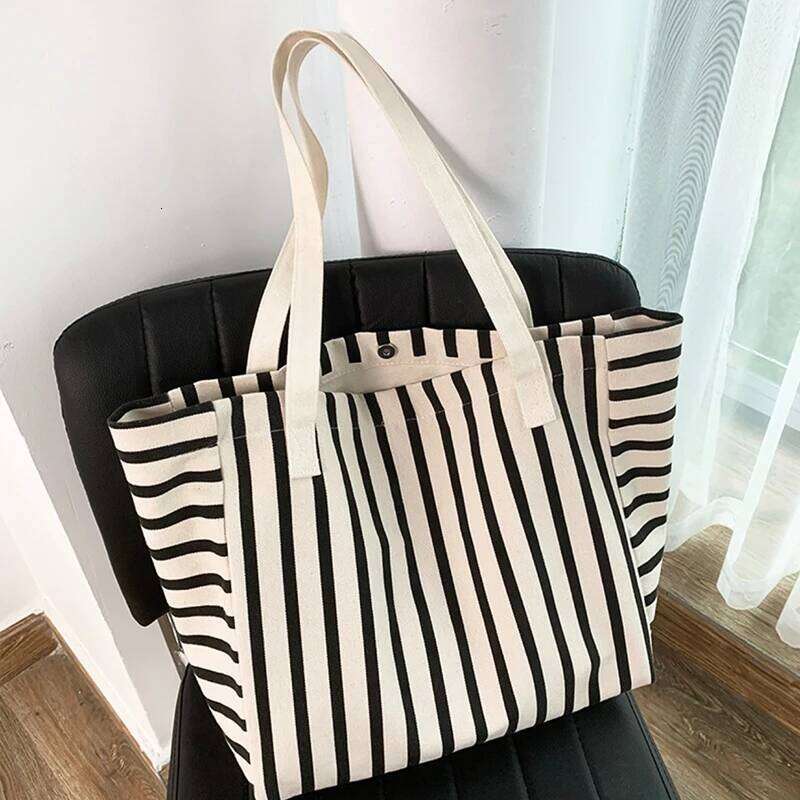 New Beach Fashion Women Canvas Summer Large Capacity Striped Bag Tote Handbag Shopping Shoulder Bags Y260204