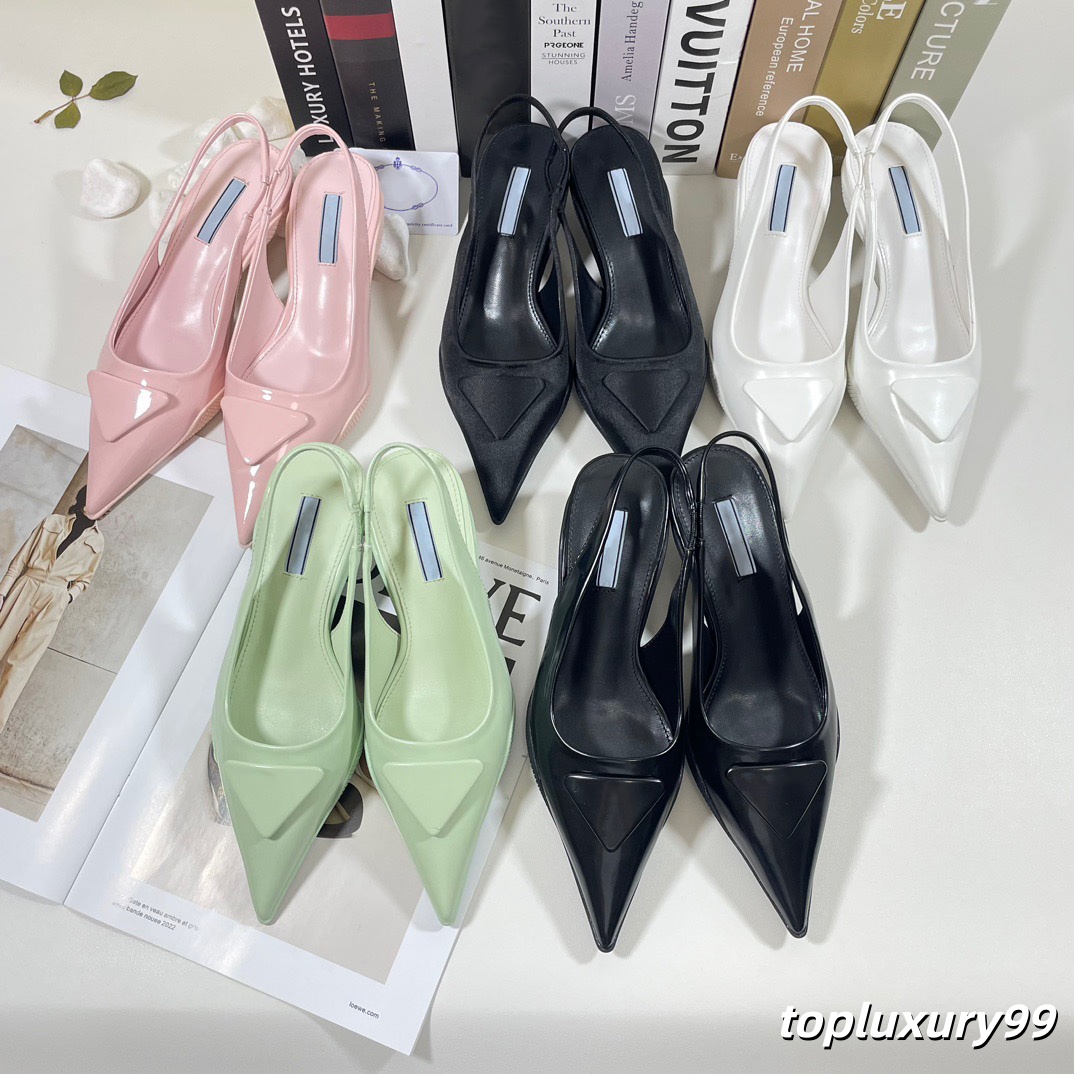 Luxury Women Sandals Inverted Triangle Patent Leather Slingback Pointed Toe Elegant Bridal Wedding Dress High Heels Lady Pumps Fashion Black White Wedding shoes