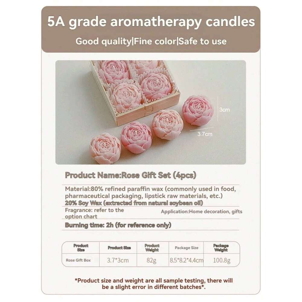 Rose Flower Shaped Soy Wax Candle Set of 4 Gift Box, Handmade Decorative Smokeless Candles for Home Decor,Birthday,Wedding Gifts S260204 9d6