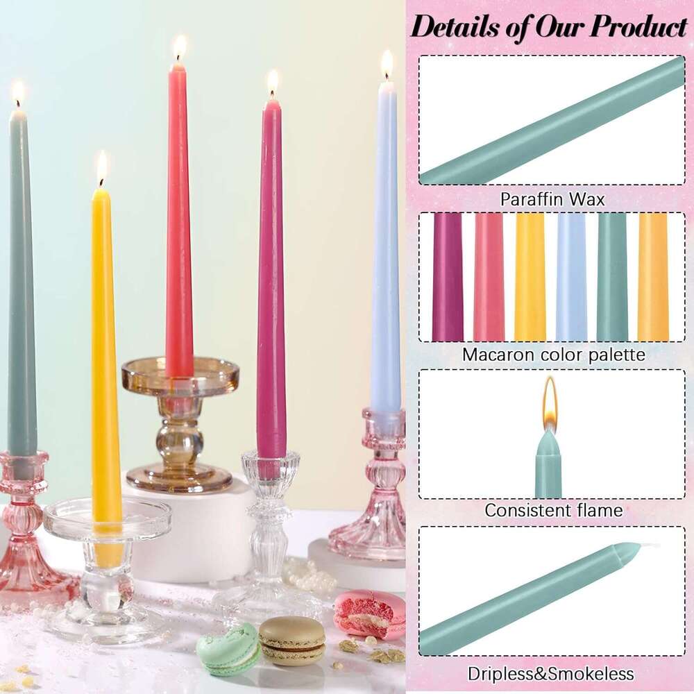Nuanchu 24 Pcs Taper Candles 10 Inch H Dripless Tapered Smokeless Tall Unscented Dinner Candle for Valentines Party Wedding Home Decor Candlesticks, L