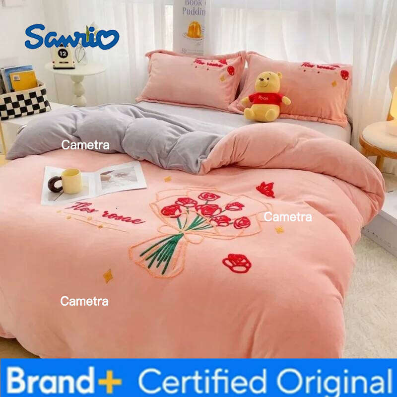 Sanrio 2024 new towel sticker embroidered milk fleece four-piece set thickened 220g winter warm bed sheet kit H2602051