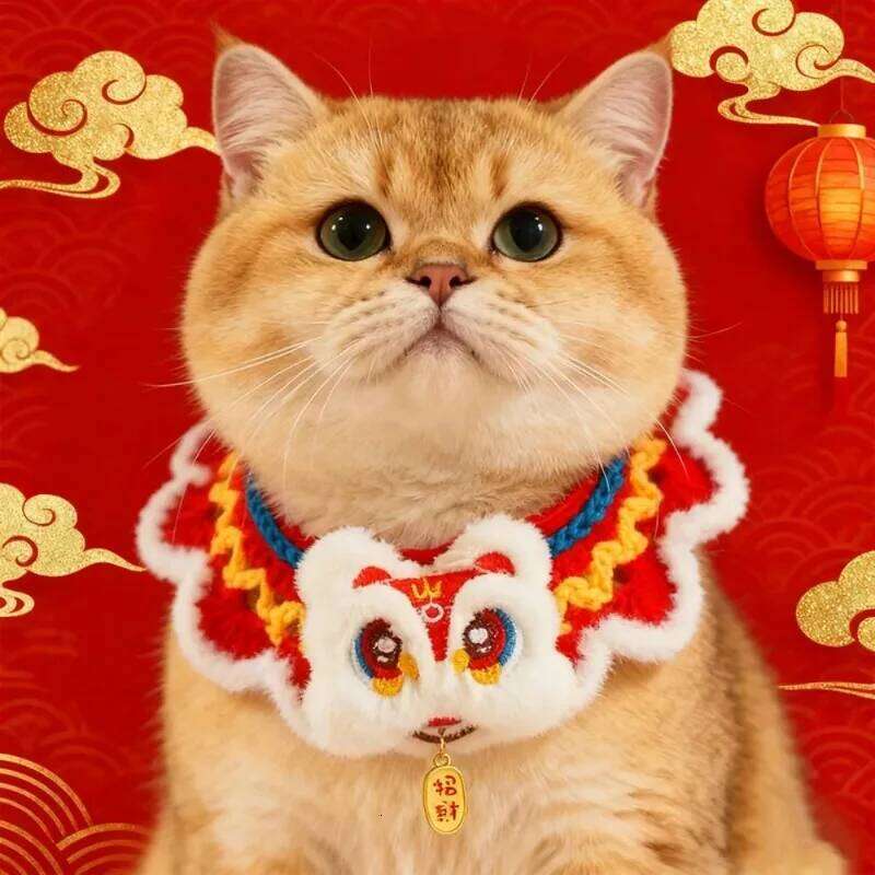 Chinese Style Spring Festival Lion Dance Tie Handmade Warm New Year Pet Collar Blessing Adjustable Cat Knitting Scarf Autumn