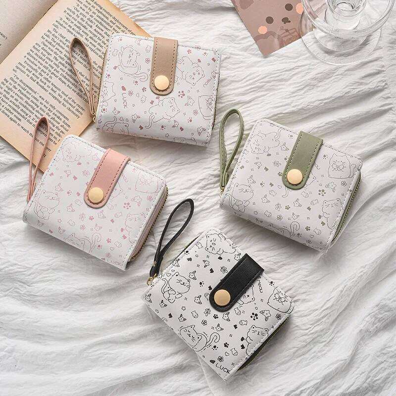 Japanese Cute Cat Girls Wallet Short Student ID Bank Card Holder Money Bag Zipper Wallets For Women Key Storage Coin Purse Z260205