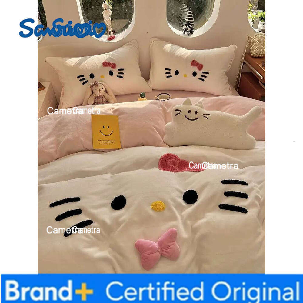 Sanrio INS KT CAT Milk Four-piece Farai Coral Fleece Quilt Cover Bed Sheet Three-piece Set H26020511