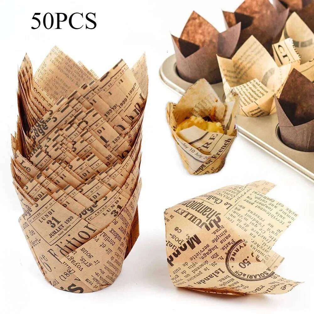 50pcs Newspaper Style Baking Cup Liner Wrapper Molde Cupcake Paper Cups Bakeware Tool for Wedding Birthday Party