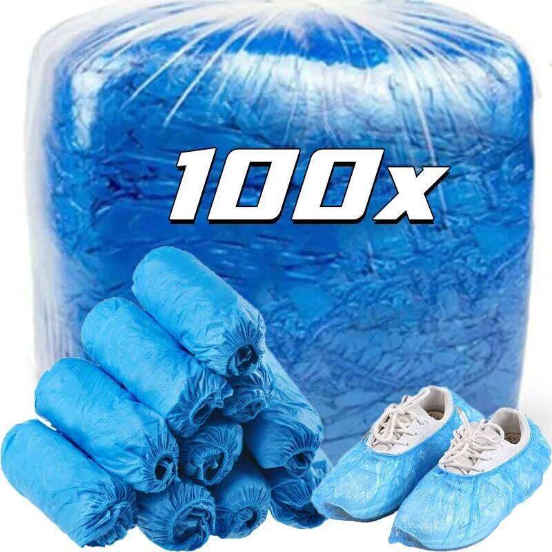 100pcs Disposable Covers Anti-slip Mud-proof Booties Shoe Cover Home Household Plastic Non-woven Rain Shoes Supplies S260204