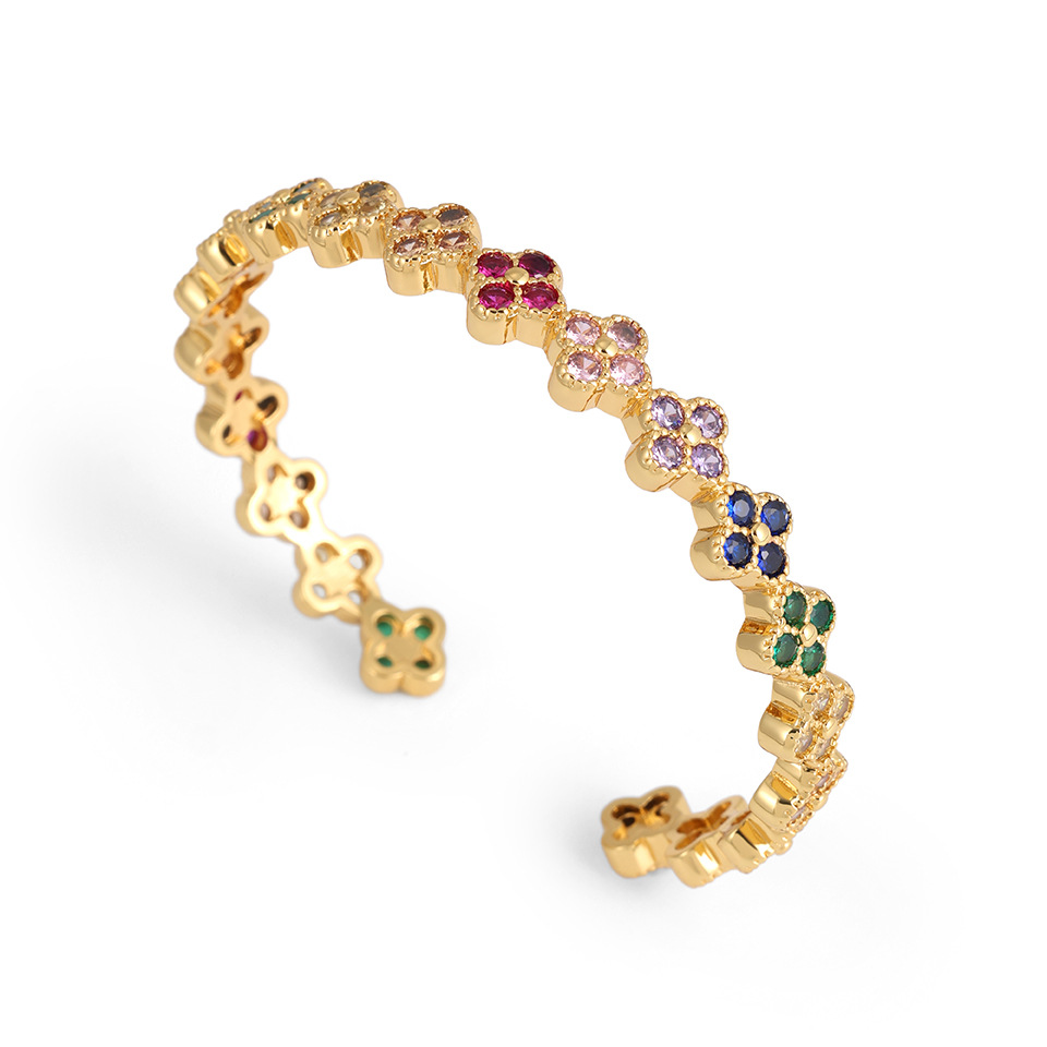 Fashion Light Luxury Copper Inlaid Colorful Diamond Four-Leaf Clover Adjustable Open Bracelet for Women Niche High-End Flower - view 6