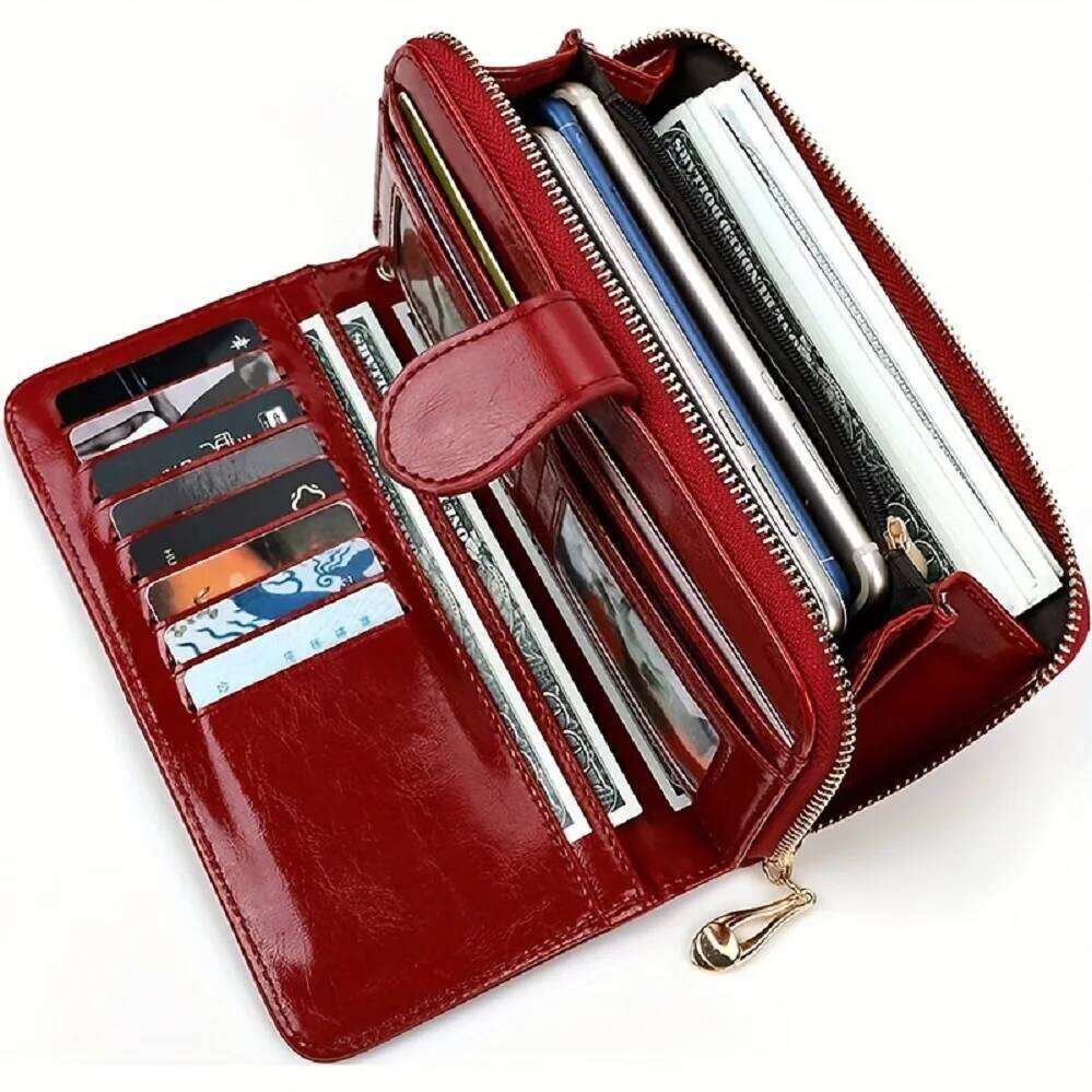 Bright shiny wax leather long wallet that can hold multiple cards, card bags, and comes with a wristband Z260205