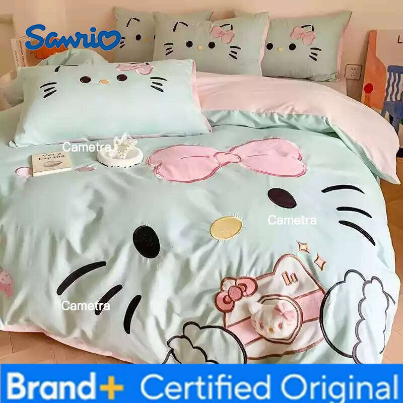 Sanrio Cartoon Kitty Cute Four-Piece Pure Cotton Duvet Cover Sheet Children'S Home Textile Bedding Set H260205