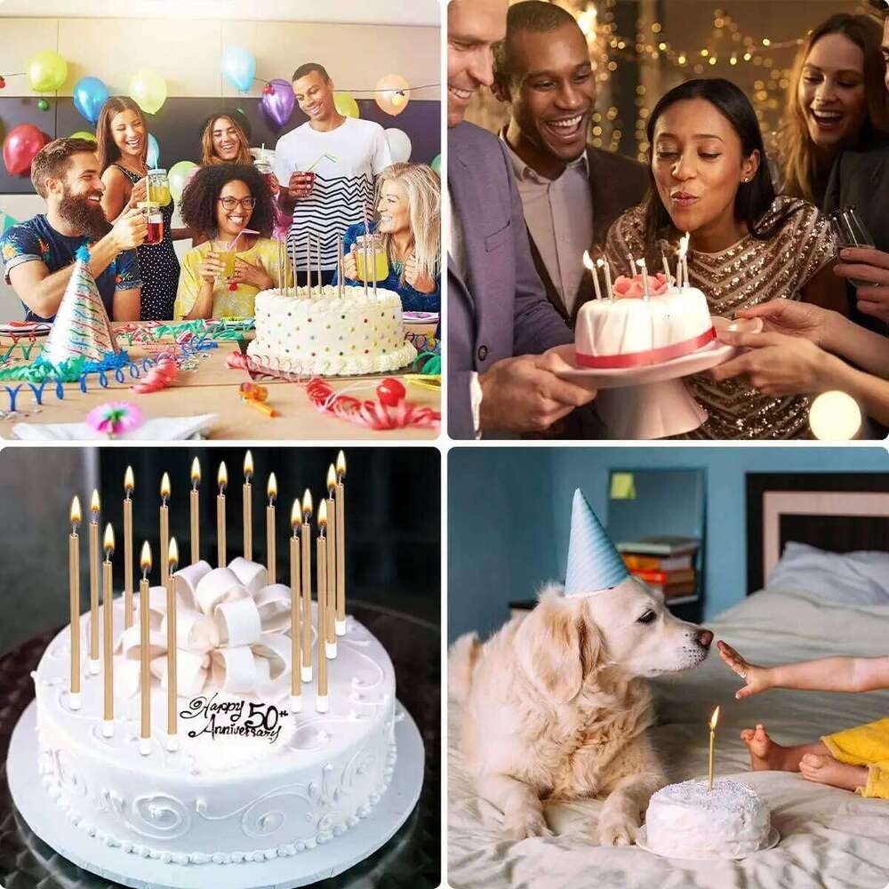 30pcs Count Party Long Thin Cake Metallic Candles in Holders for Birthday Cakes Cupcake, Champagne Gold S260204