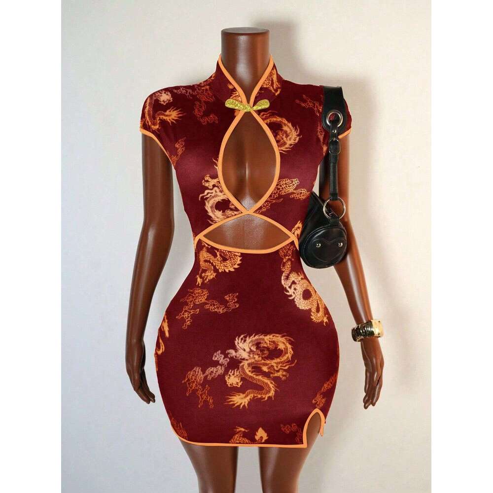 Trendy Street Chinese Style Dragon Print Dresses Women Sexy Hollow Out Package Hip Cheongsam Dress Streetwear Lady Slim Vestidos Short-Sleeve Qipao Dr