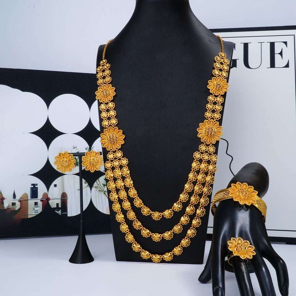 Dubai Bride 24k Gold Plated Necklace Bracelet Earrings Ring Jewelry African Women's Accessories Four-Piece Set
