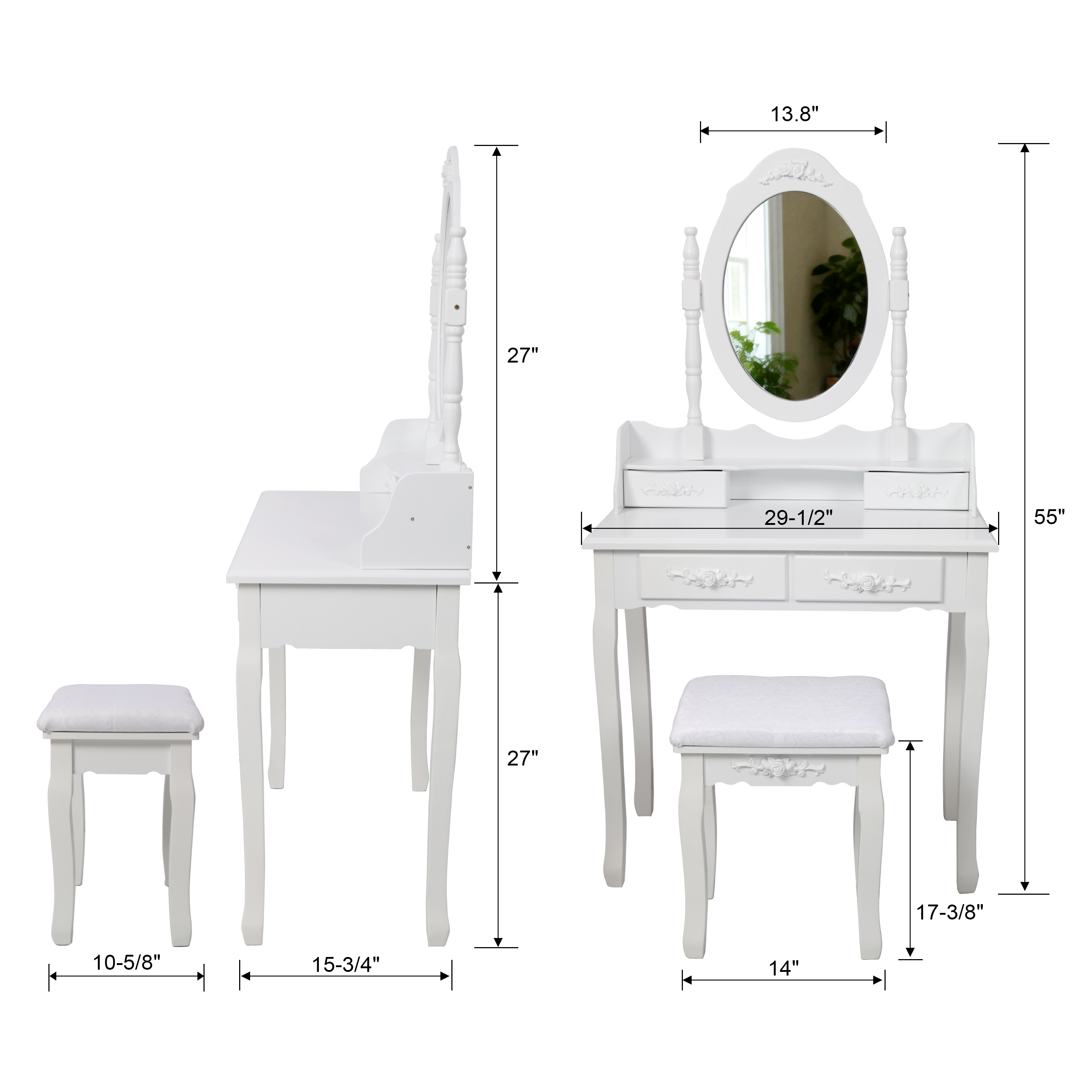 Princess Vanity Desk Set with Mirror & Cushioned Stool 4-Drawer Wooden Makeup Vanity Table for Bedroom Dressing Table with Ample Storage