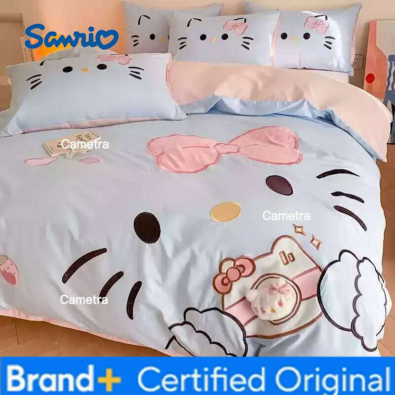 Sanrio Cartoon Kitty Cute Four-Piece Pure Cotton Duvet Cover Sheet Children'S Home Textile Bedding Set H260205