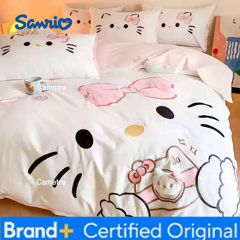 Sanrio Cartoon Kitty Cute Four-Piece Pure Cotton Duvet Cover Sheet Children'S Home Textile Bedding Set H260205