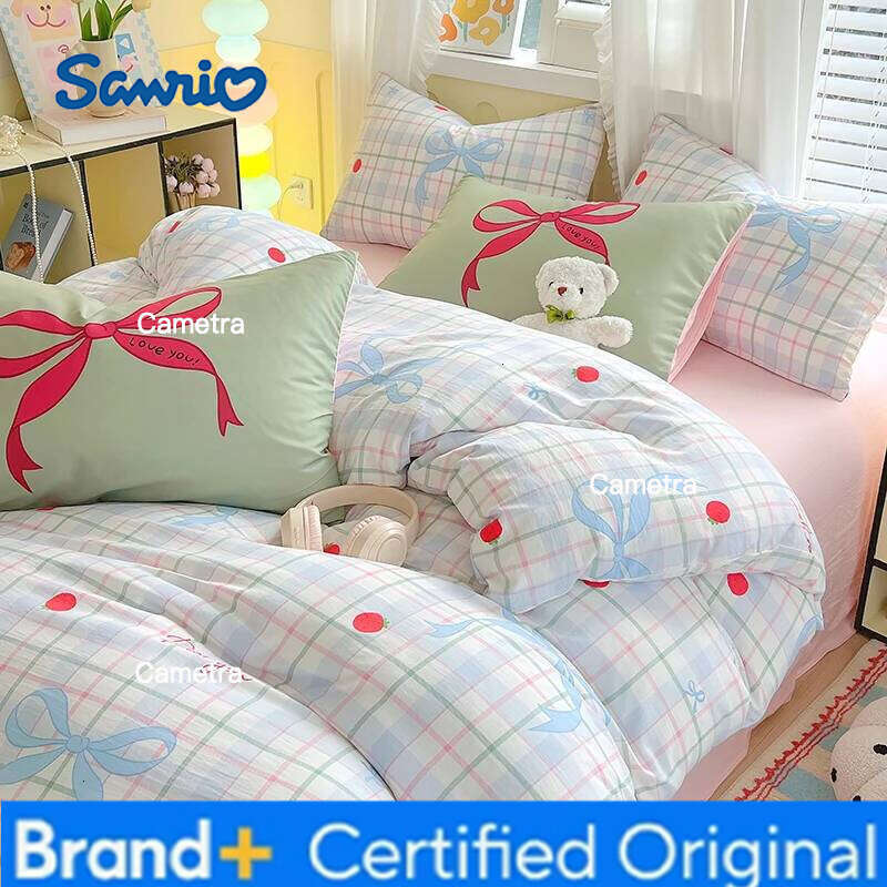 Sanrio Cute Cartoon Cat Bedding Set Simple Duvet Cover Washed Cotton Flat Bed Sheets Pillowcase Single Double For Kids Decor Home H260205