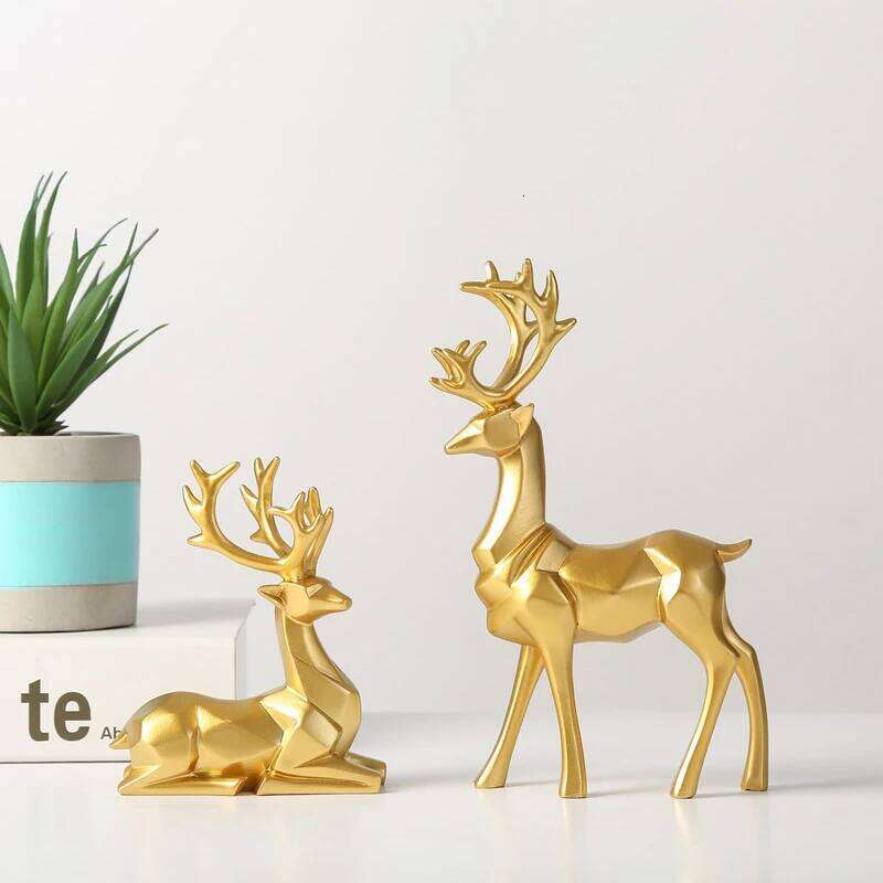 Resin Geometric Elk Sculpture Standing Gold Deer Statues Festival Reindeer Home Decor Living Room TV Cabinet Ornaments S260204