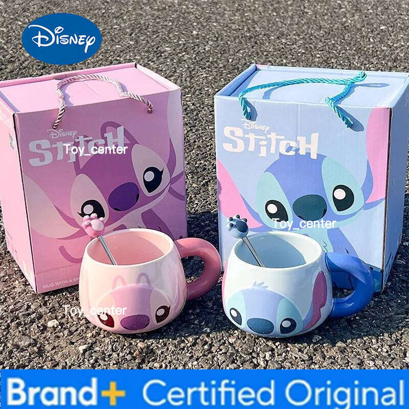 Disney New Cartoon Stitch Ceramic Mug Kawaii Angel with Spoon Coffee Office Water Cup Couple Creative Festival Gift H260205