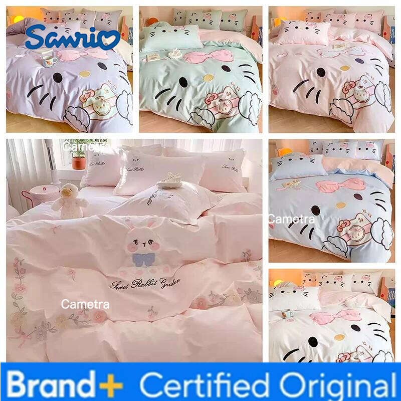 Sanrio Cartoon Kitty Cute Four-Piece Pure Cotton Duvet Cover Sheet Children'S Home Textile Bedding Set H260205