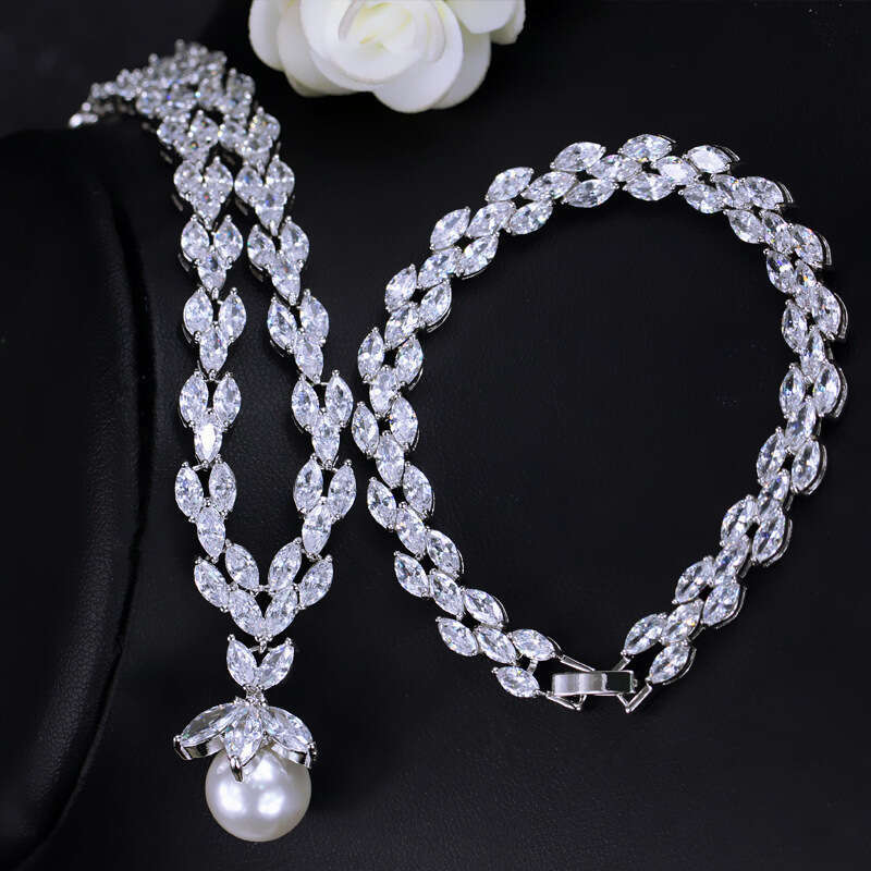 Minimalist Bride Zircon Imitation Pearl Necklace Earring Set Bracelet Ring Wedding Evening Party Dress Accessories