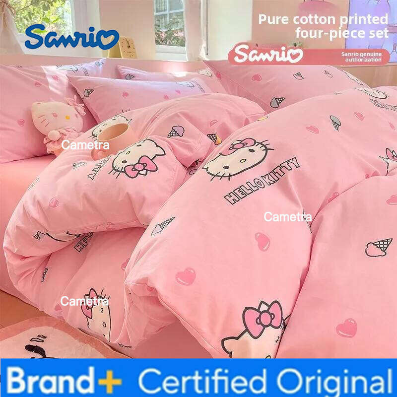 Sanrio Genuine Cartoon Hello Kitty100% Four-piece Cotton Kt Bed Sheet Quilt Cover Pillowcase Three-piece Set H260205111