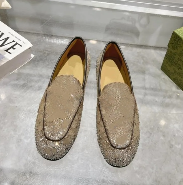 Designer -Women dress shoes Flat base Slippers Mules Flats mule shoes canvas with diamond crystal Rhinestone Fashion Leather Loafers Shoes with Metal