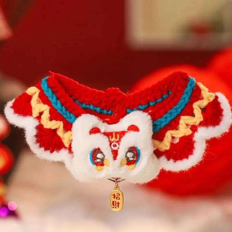 Chinese Style Spring Festival Lion Dance Tie Handmade Warm New Year Pet Collar Blessing Adjustable Cat Knitting Scarf Autumn
